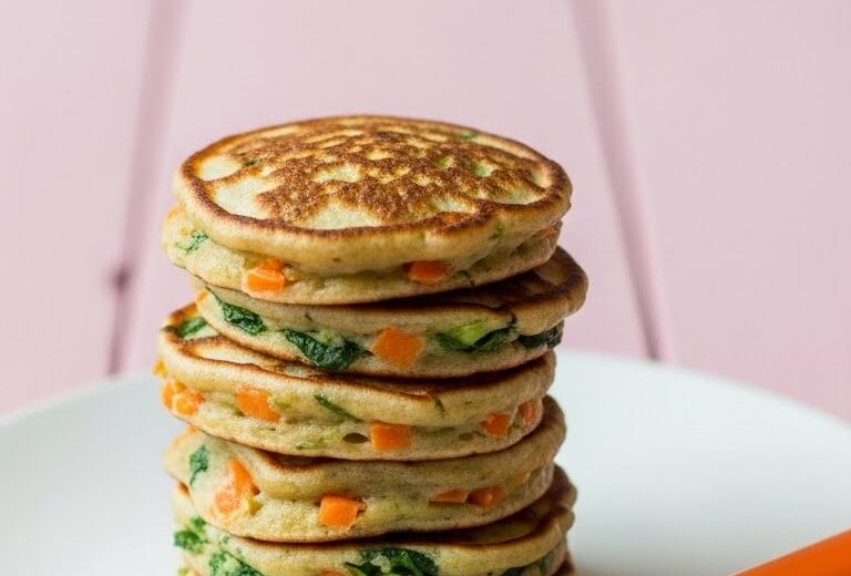 Stack of mini veggie pancakes for toddlers with visible carrots and greens on a white plate with an orange-handled fork