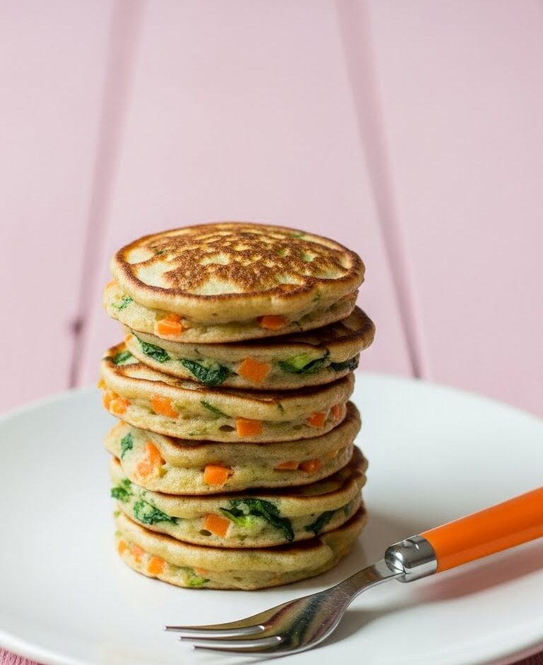 Stack of mini veggie pancakes for toddlers with visible carrots and greens on a white plate with an orange-handled fork