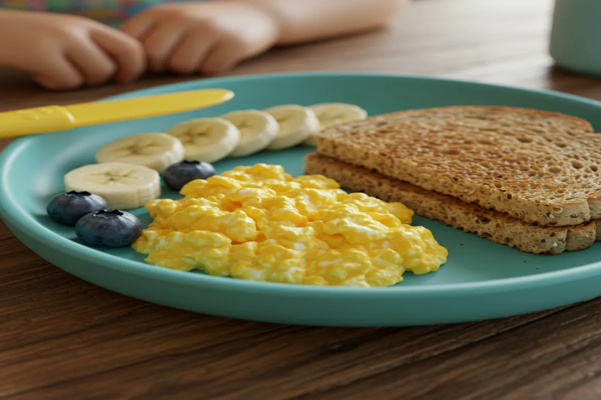 Quick 5-Minute Toddler Breakfasts for Busy Mornings 3 Quick 5-minute toddler breakfast plate with eggs and fruit