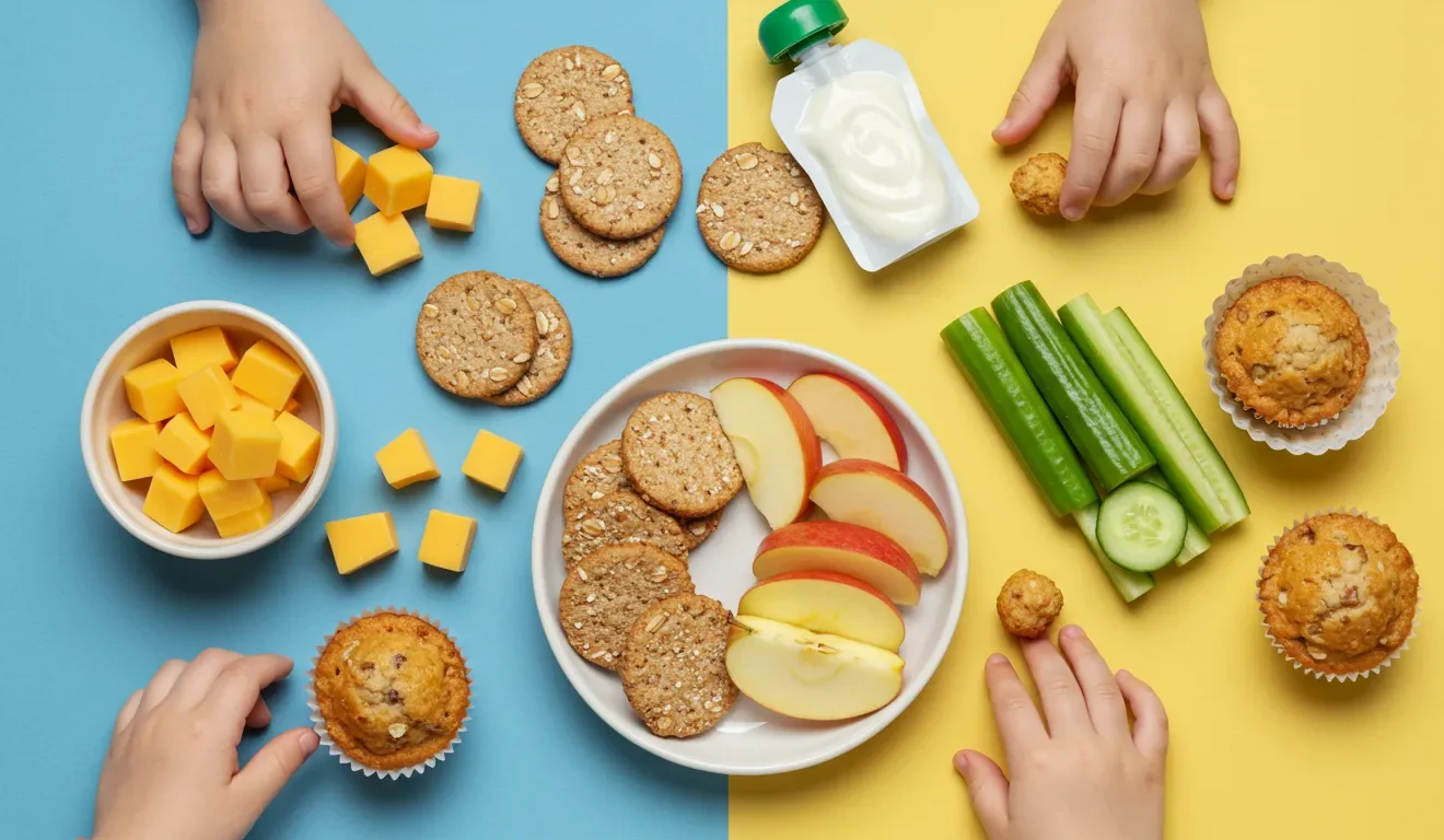 Toddler snacks and desserts including fruit, crackers, and muffins