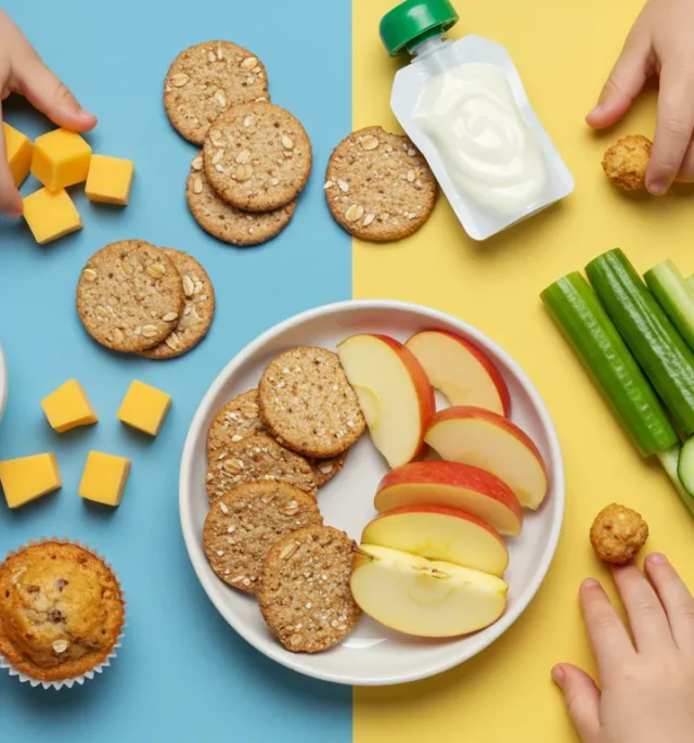 Toddler snacks and desserts including fruit, crackers, and muffins