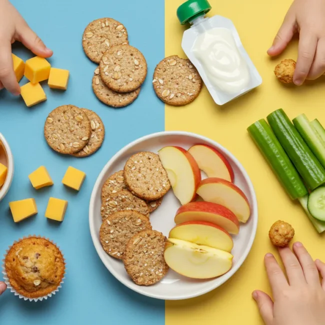 Toddler snacks and desserts including fruit, crackers, and muffins