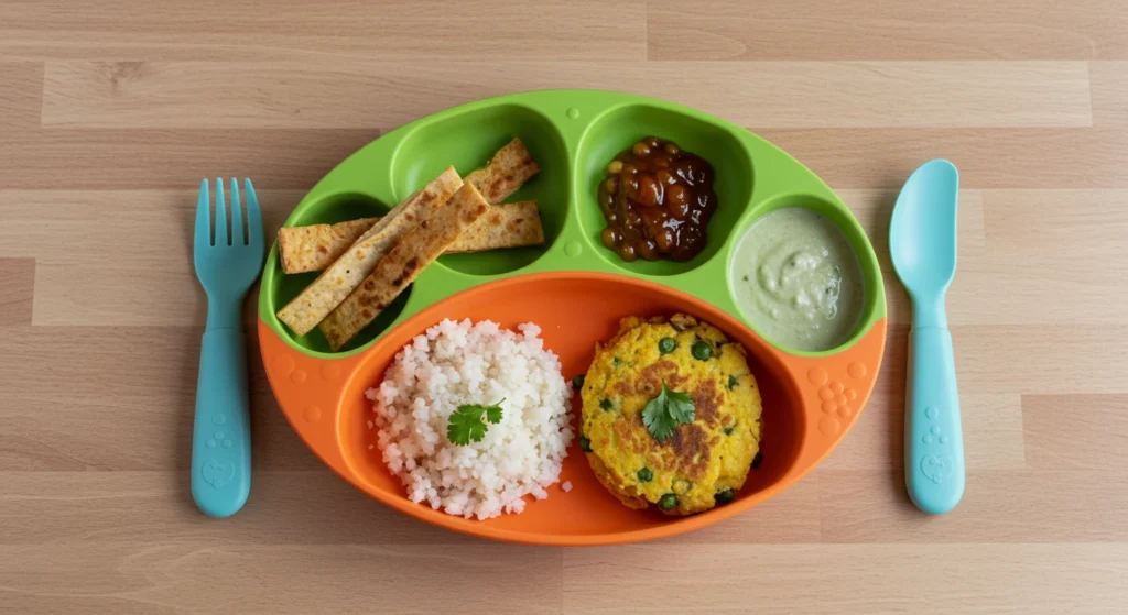 oddler eating healthy vegetarian breakfast at home