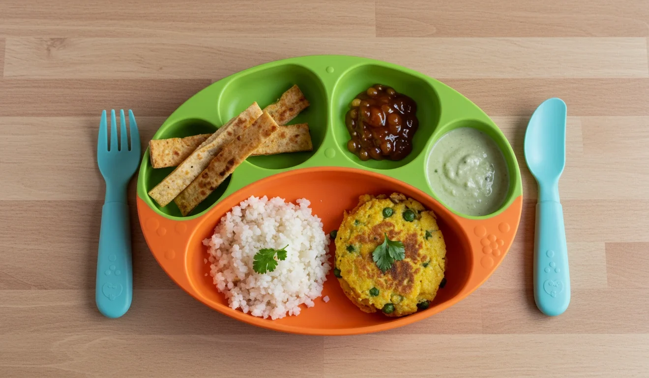 oddler eating healthy vegetarian breakfast at home