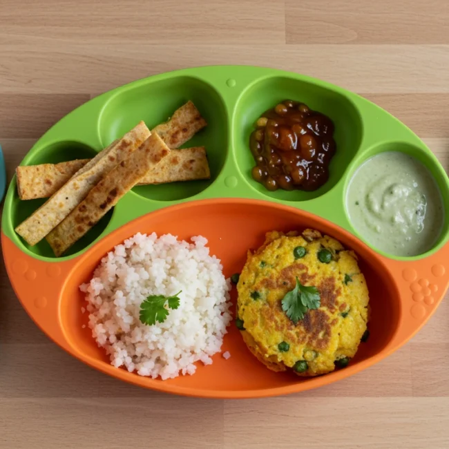 oddler eating healthy vegetarian breakfast at home