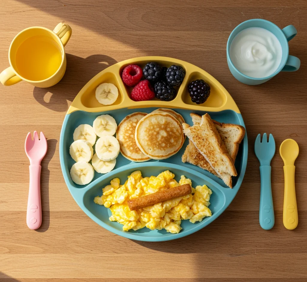 DIY toddler breakfast plate with pancakes, eggs, fruit, and toast