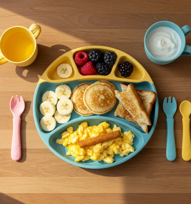 DIY toddler breakfast plate with pancakes, eggs, fruit, and toast