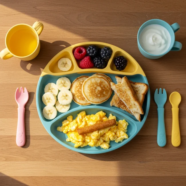 DIY toddler breakfast plate with pancakes, eggs, fruit, and toast