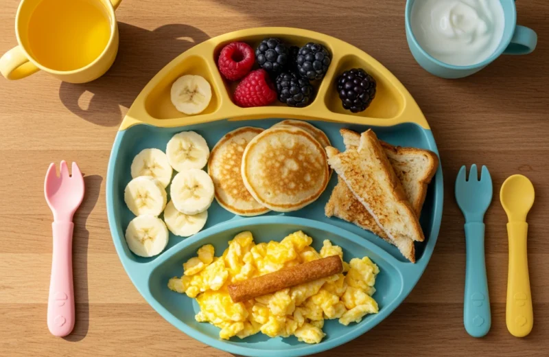 Toddler Breakfast Ideas for Picky Eaters 22 DIY toddler breakfast plate with pancakes, eggs, fruit, and toast