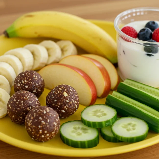 No-sugar toddler snack ideas with fruit, yogurt, and homemade energy bites