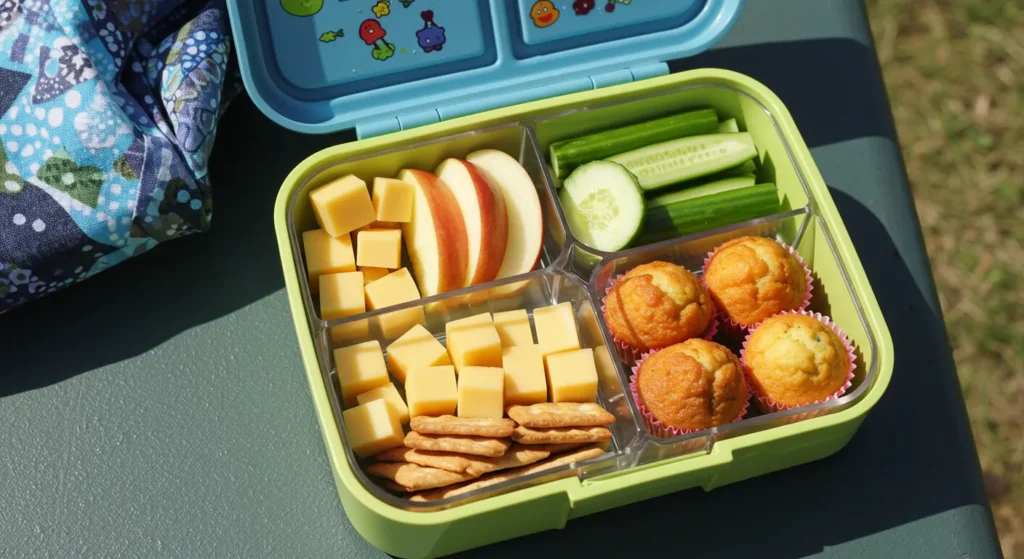 Travel-friendly toddler snack box with sandwiches, fruit, and cheese