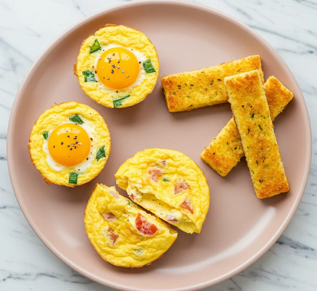 Veggie egg muffins for toddlers served on a white plate