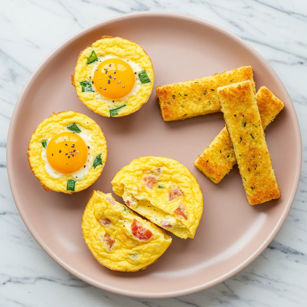 Veggie egg muffins for toddlers served on a white plate