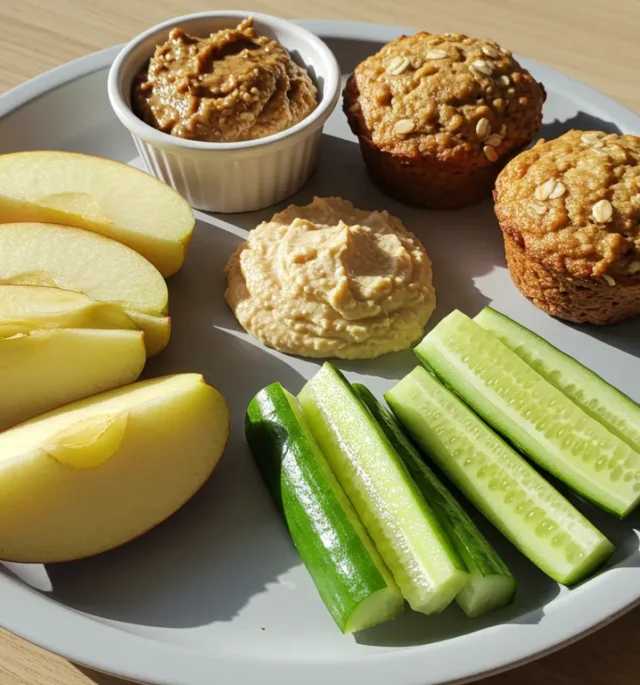 Allergy friendly toddler snacks with fruit, hummus, and oat muffins