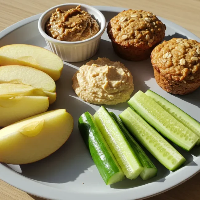 Allergy friendly toddler snacks with fruit, hummus, and oat muffins