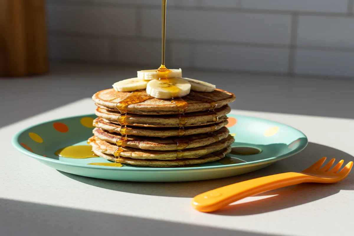 Banana oat pancakes on a toddler plate with fruit toppings