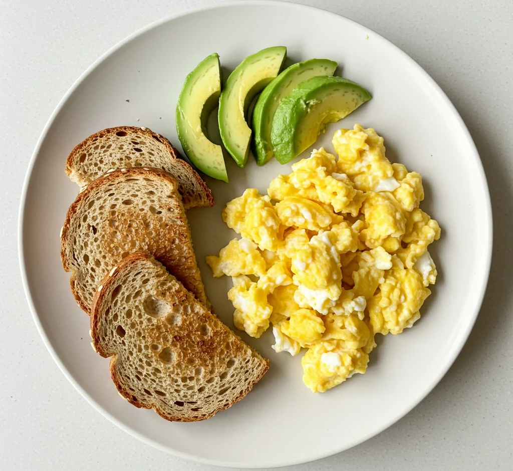 ADHD-friendly toddler breakfast plate with eggs, avocado, and toast