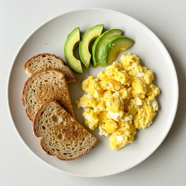 ADHD-friendly toddler breakfast plate with eggs, avocado, and toast