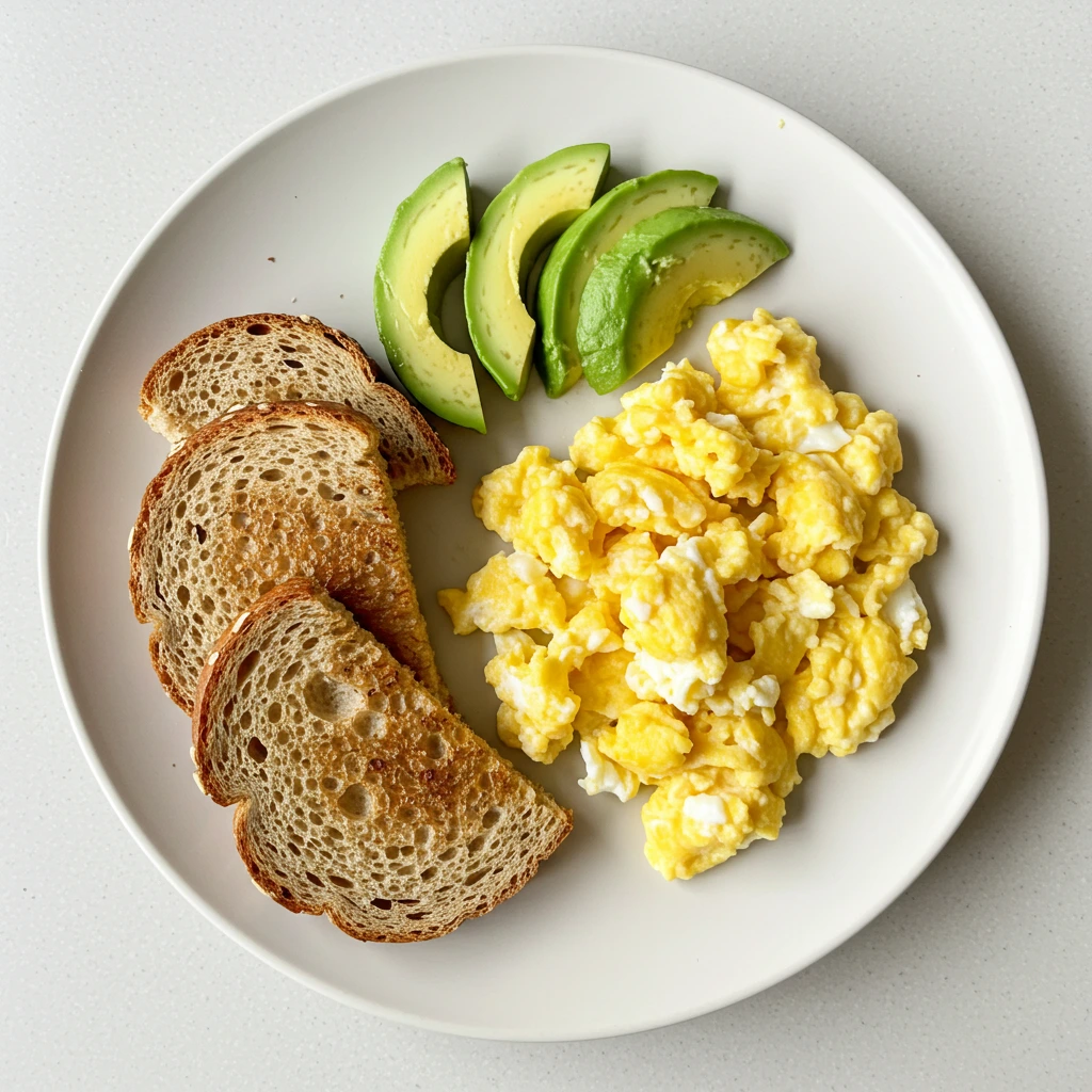 ADHD-friendly toddler breakfast plate with eggs, avocado, and toast