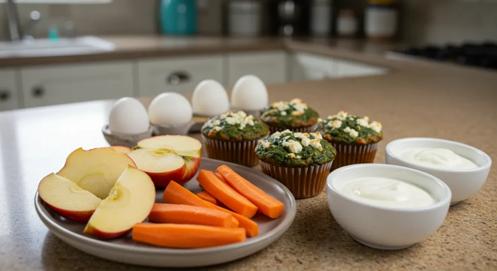 Budget toddler snacks with fruit, yogurt, eggs, and muffins