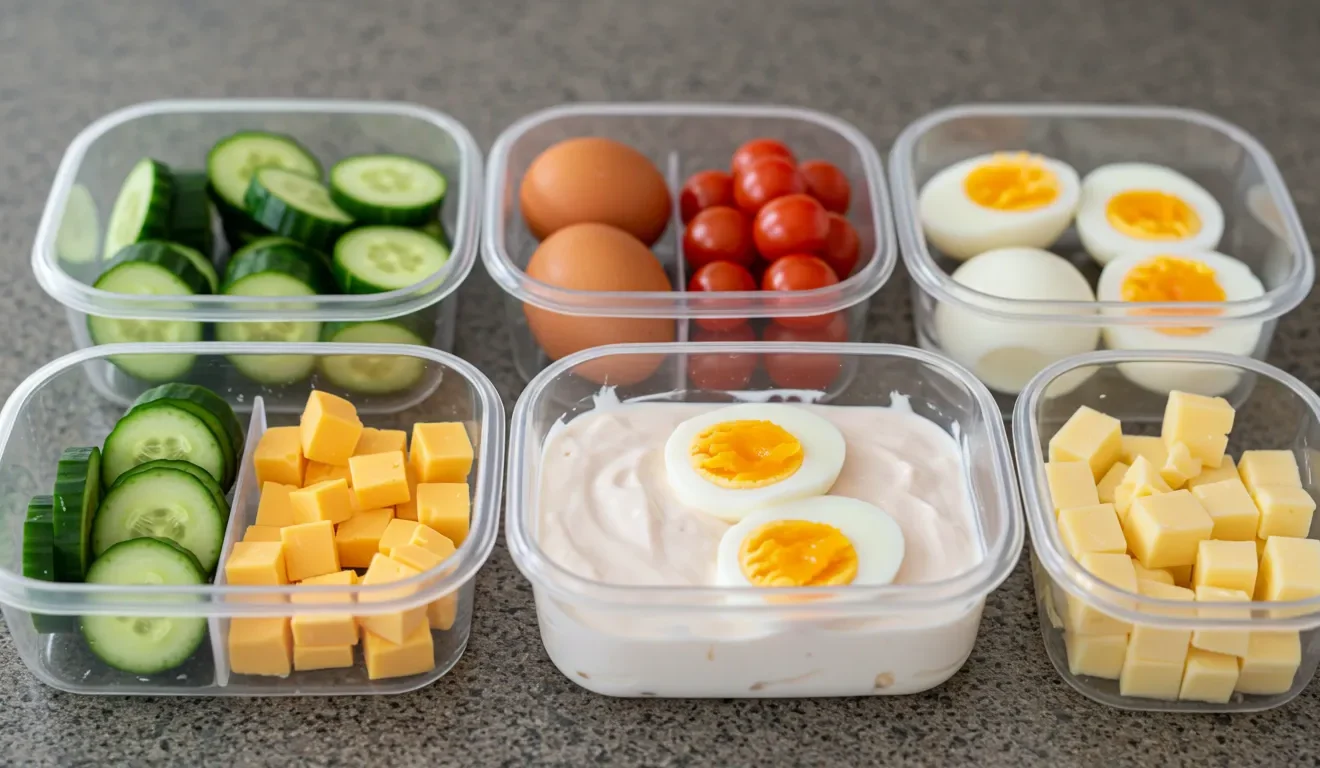 Budget toddler snacks prepped in bulk with veggies, yogurt, and eggs