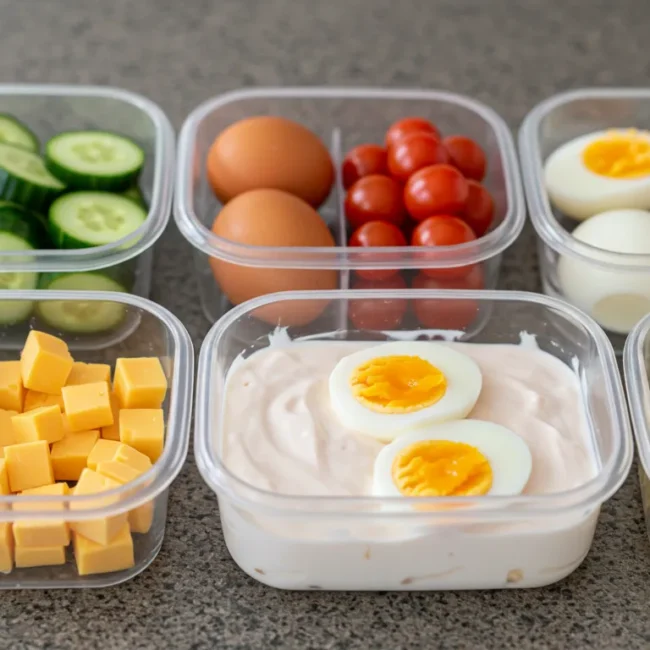 Budget toddler snacks prepped in bulk with veggies, yogurt, and eggs