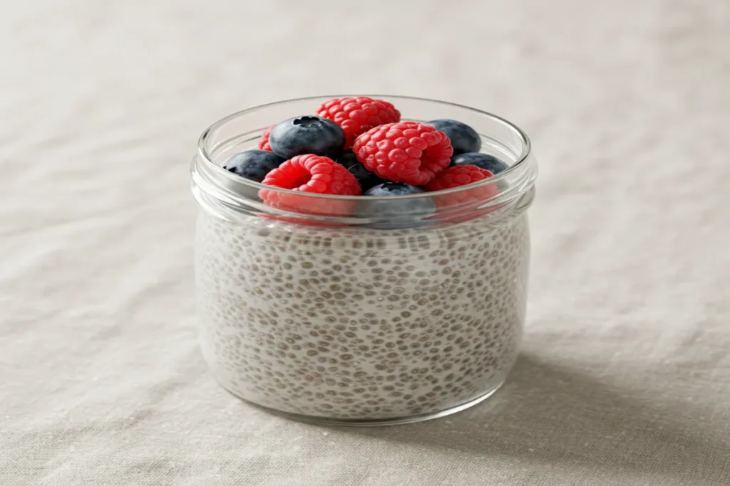 dairy-free chia pudding with fruit in a small glass
