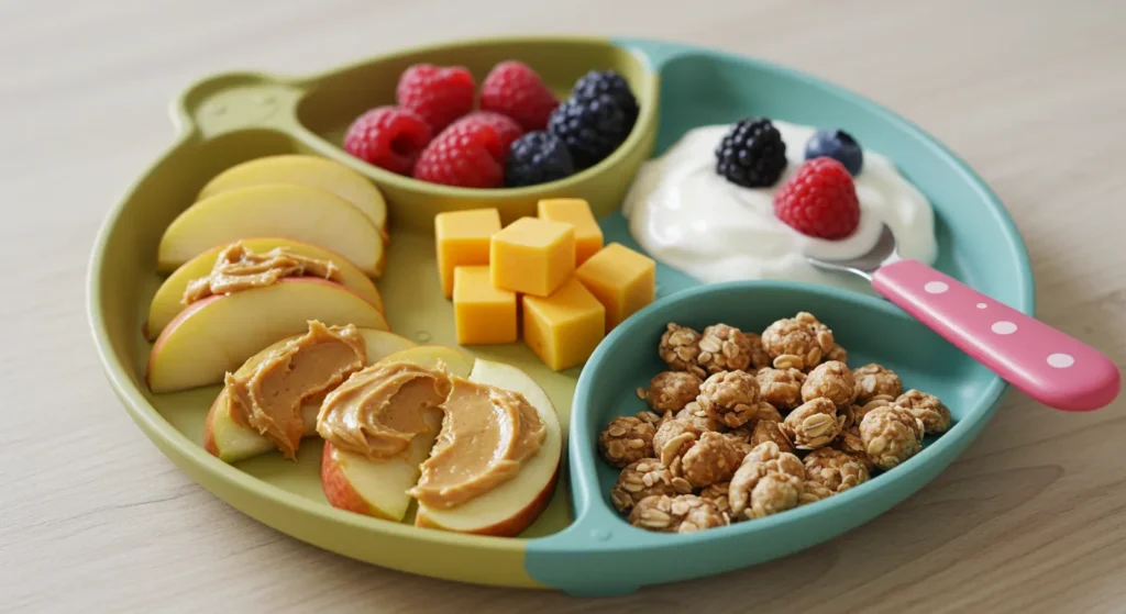 : Energy snacks for toddlers with fruit, yogurt, and cheese