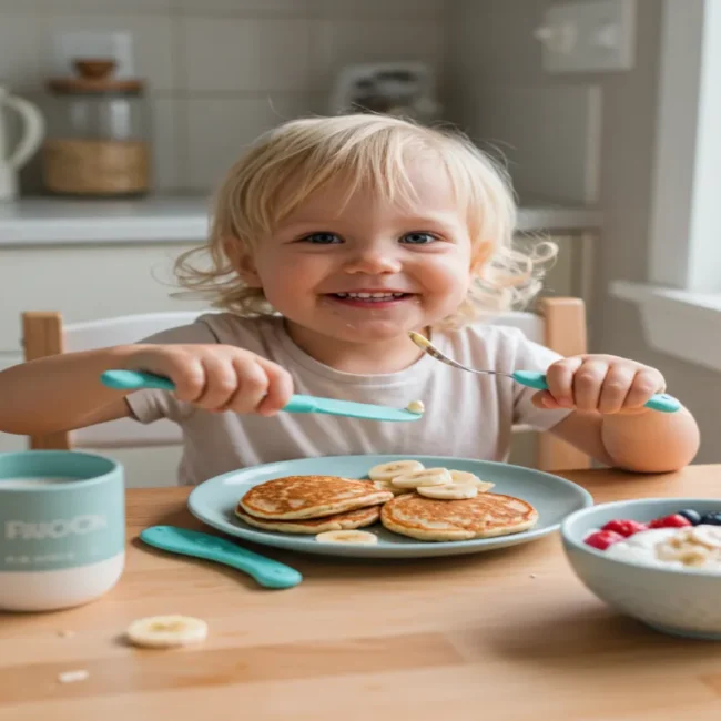 Toddler enjoying dairy-free breakfast with pancakes and oat milk