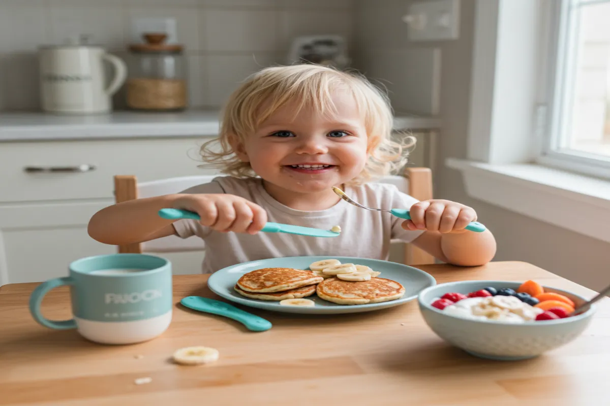 Toddler enjoying dairy-free breakfast with pancakes and oat milk