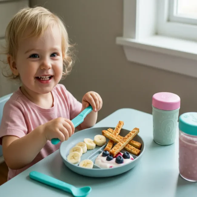 Toddler eating a healthy no-cook breakfast at home