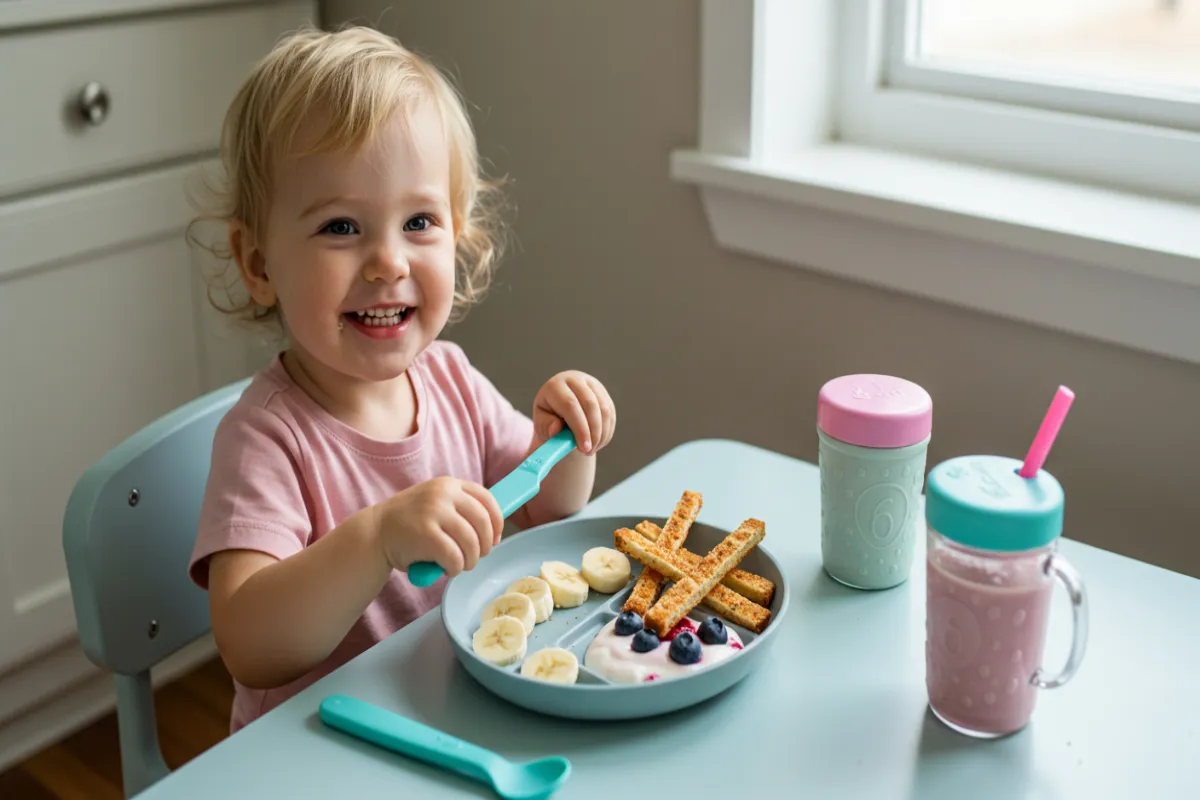 Toddler eating a healthy no-cook breakfast at home