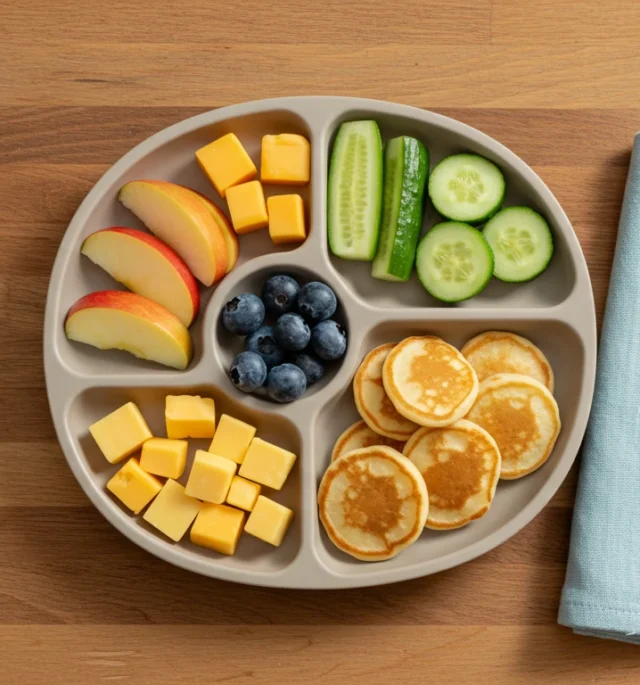 Healthy finger food snacks for toddlers – fruit, veggie, and cheese plate on a table