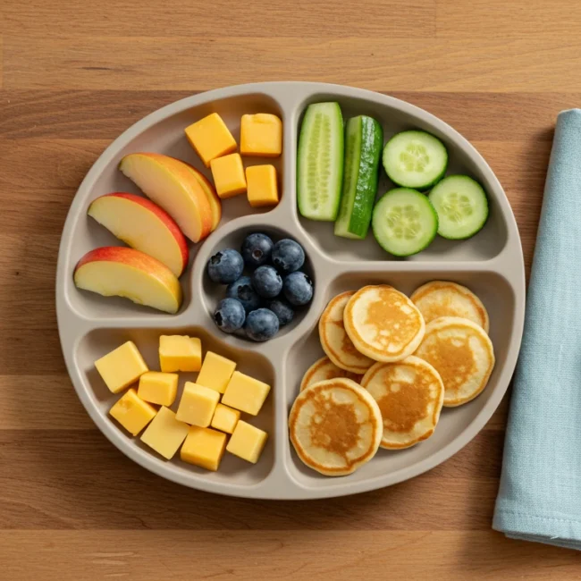 Healthy finger food snacks for toddlers – fruit, veggie, and cheese plate on a table