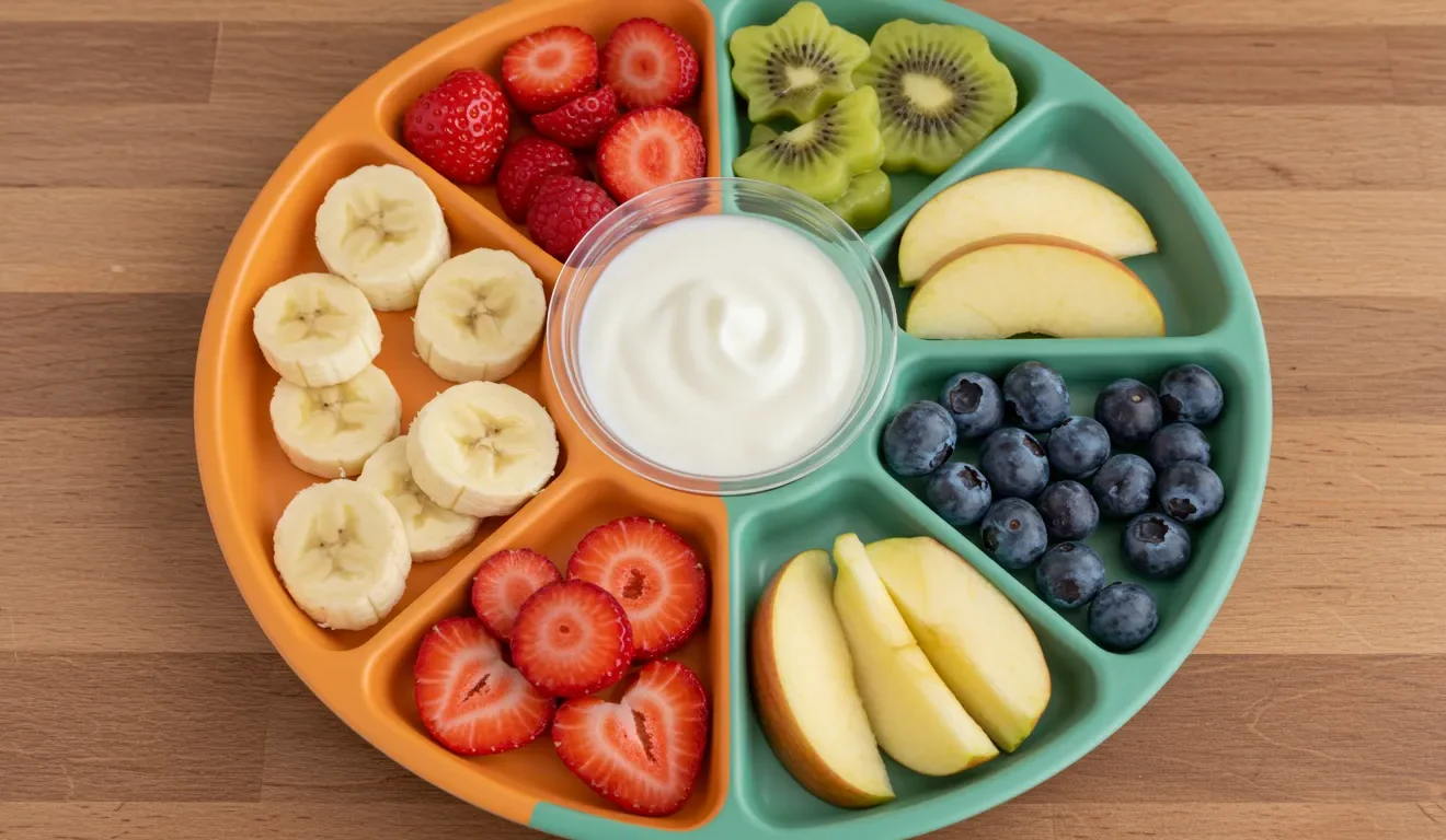 Fruit toddler snacks with bananas, apples, strawberries, and blueberries