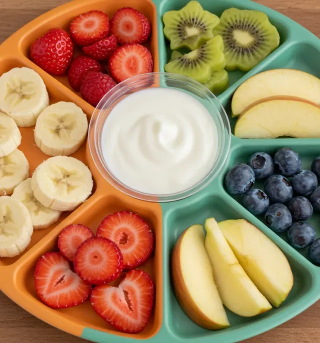 Fruit toddler snacks with bananas, apples, strawberries, and blueberries