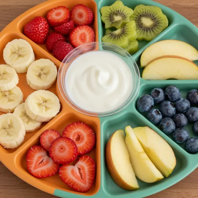 Fruit toddler snacks with bananas, apples, strawberries, and blueberries
