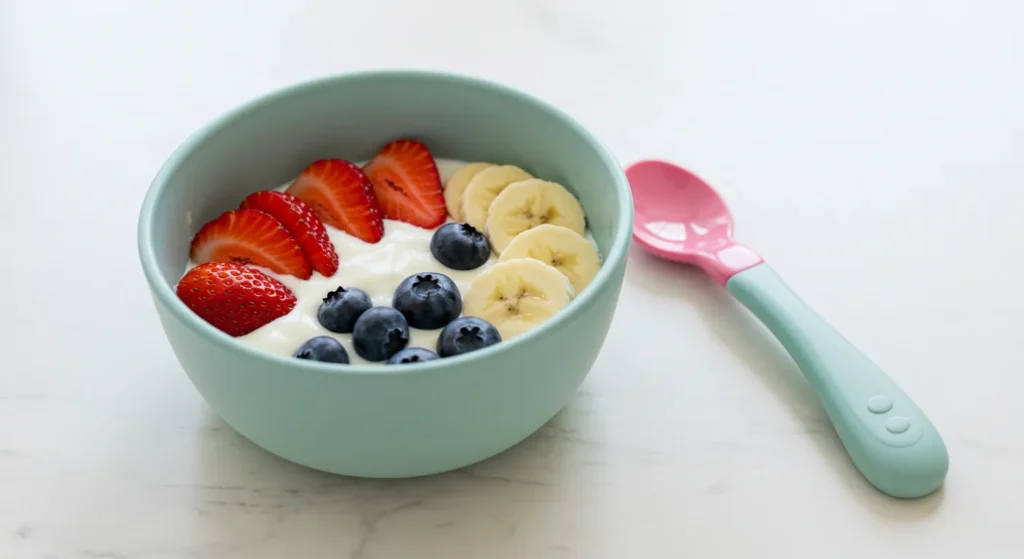 Fruit and yogurt toddler snack with strawberries, bananas, and blueberries