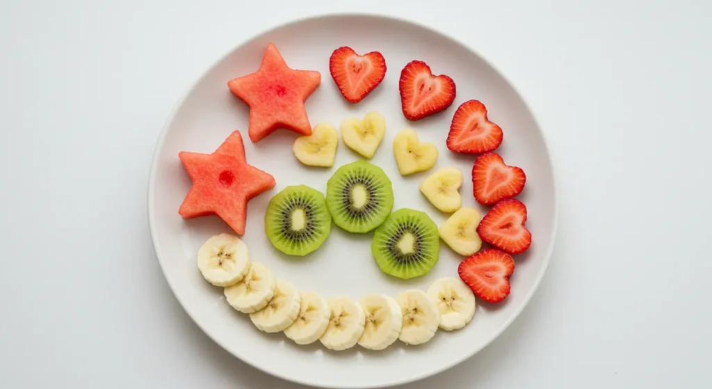Fun fruit snacks for toddlers with star-shaped watermelon and heart-shaped strawberries