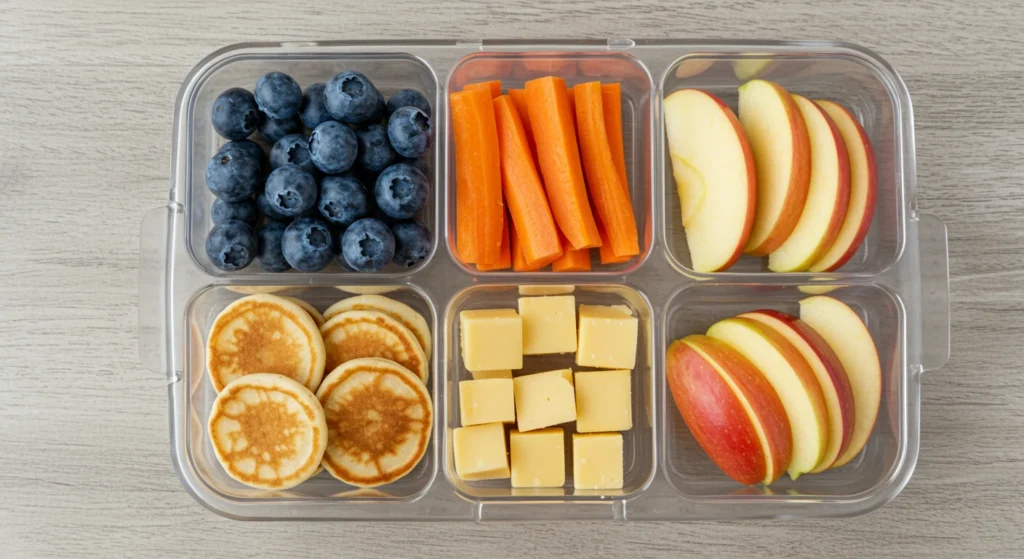 Healthy finger food snacks for toddlers with fruit, cheese, and oatmeal bites