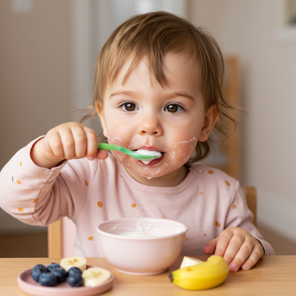 Toddler eating yogurt and fruit for a healthy breakfast