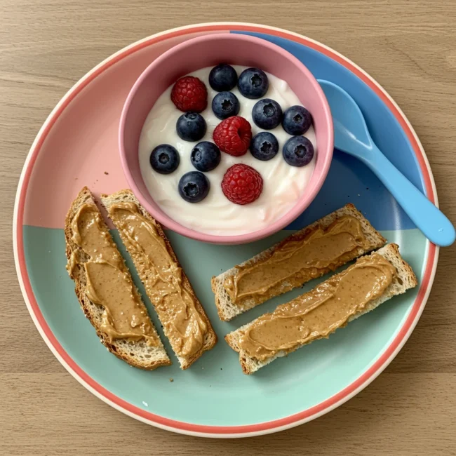 High protein toddler breakfast with yogurt and toast