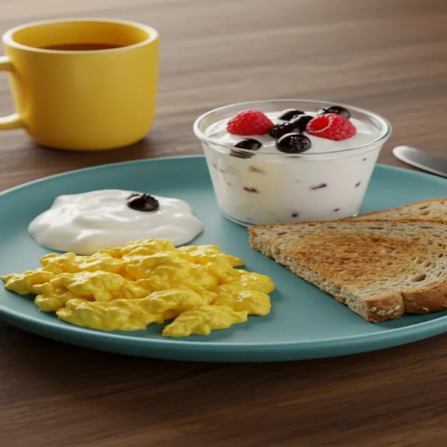 High-protein breakfast for toddlers with eggs and yogurt