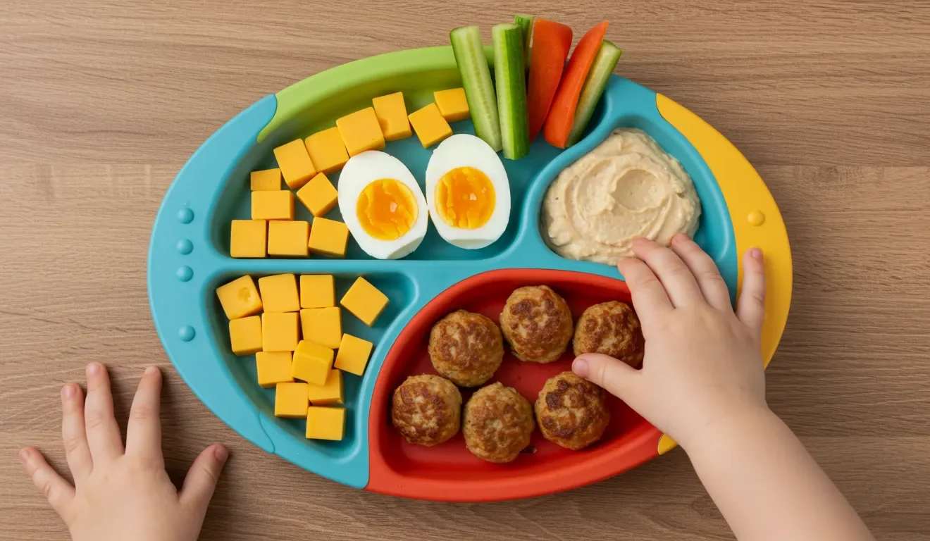 High protein toddler snacks with cheese, eggs, hummus, and meatballs