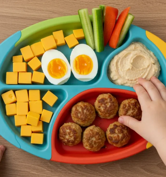 High protein toddler snacks with cheese, eggs, hummus, and meatballs