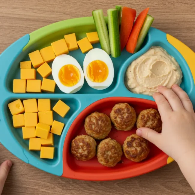 High protein toddler snacks with cheese, eggs, hummus, and meatballs