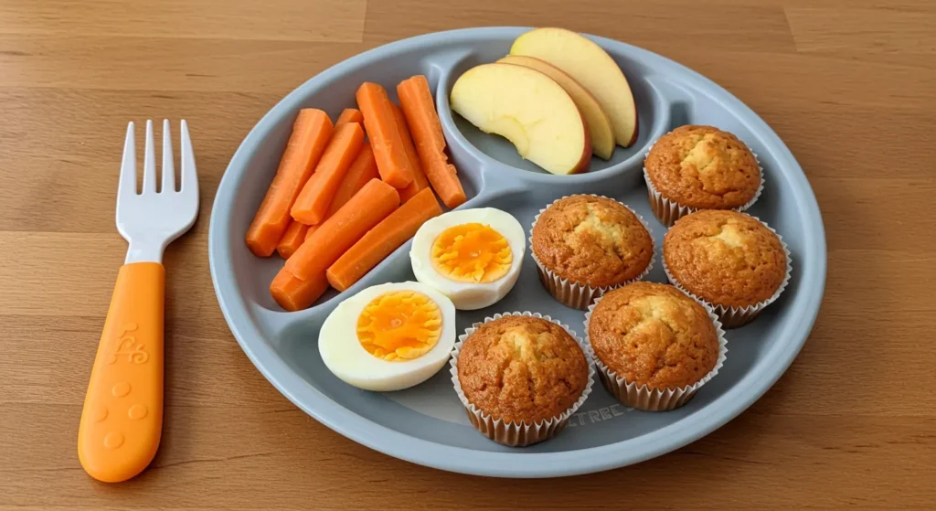 Budget toddler snacks with carrots, apples, eggs, and muffins
