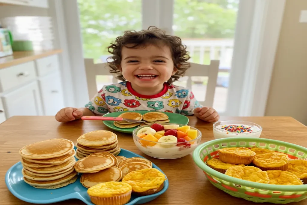 Happy toddler enjoying colorful make-ahead breakfast options