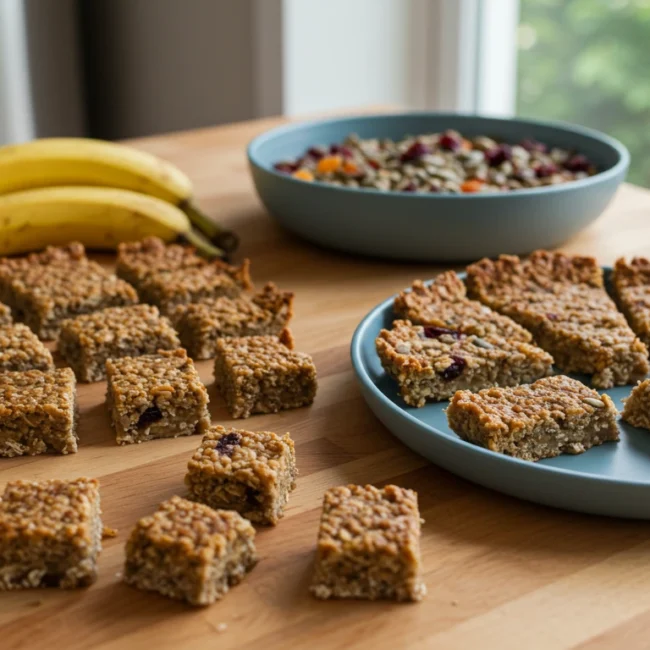 Homemade snack bars for toddlers with oats, banana, and fruit