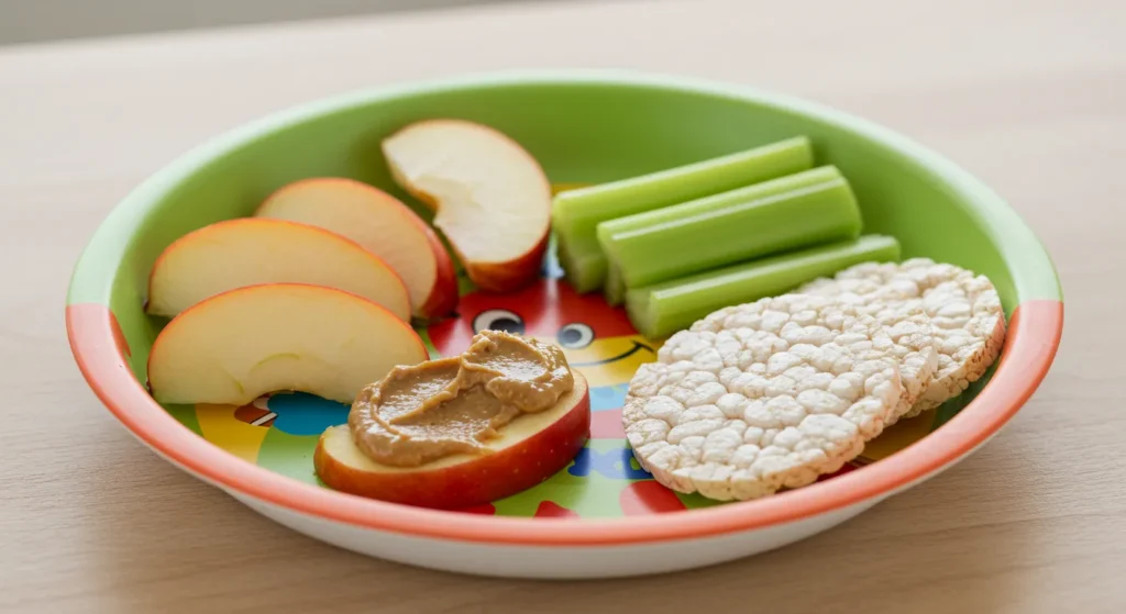 Allergy-Friendly Toddler Snacks (Nut-Free, Dairy-Free Options) 2 Allergy friendly nut-free toddler snacks with apples and rice cakes